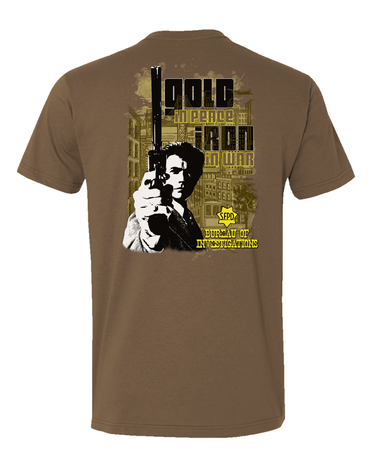 T150: "Gold in Peace, Iron in War" Eco-Hybrid Ultra T-shirt (SFPD Bureau of Investigations) UTD Reloaded Gear Co. 