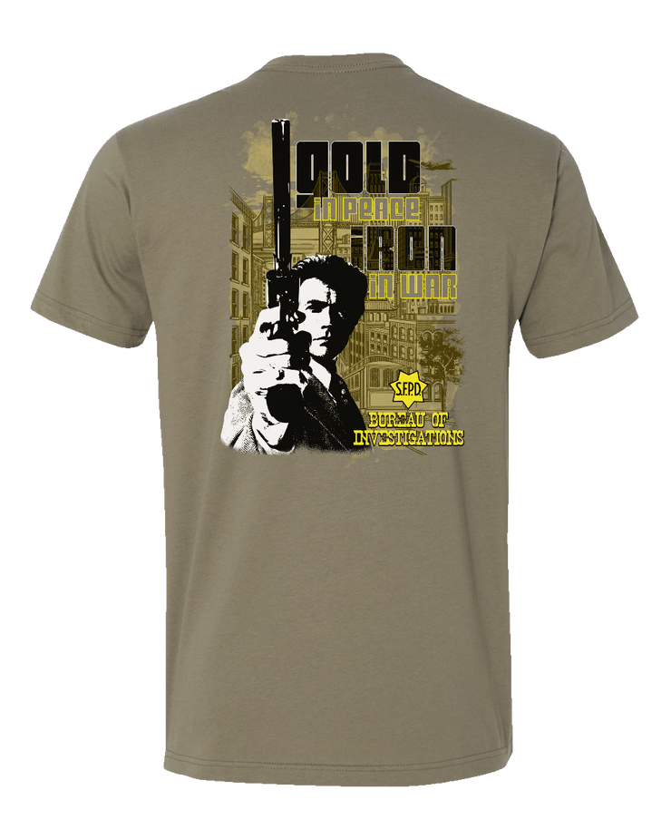 T150: "Gold in Peace, Iron in War" Eco-Hybrid Ultra T-shirt (SFPD Bureau of Investigations) UTD Reloaded Gear Co. 