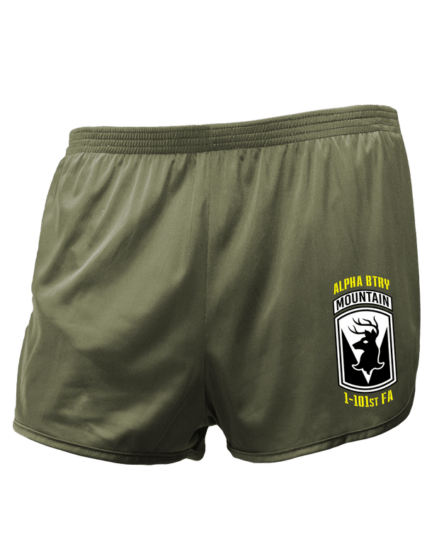 S1: "Aggressor Battery" Silkie PT Shorts (MA ARNG, 1-101 FA A-BTRY) UTD Reloaded Gear Co. S OD Green 