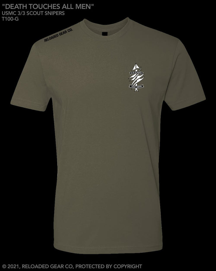 UTD T100: "Death Touches All Men" Classic Cotton T-shirt (USMC 3/3 Scout Sniper Plt.) UTD Reloaded Gear Co. S OD Green 